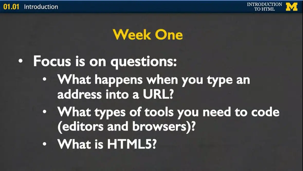 Week 1: What happens when you type an address into a URL, what tools
    you need to code, and what is HTML5?