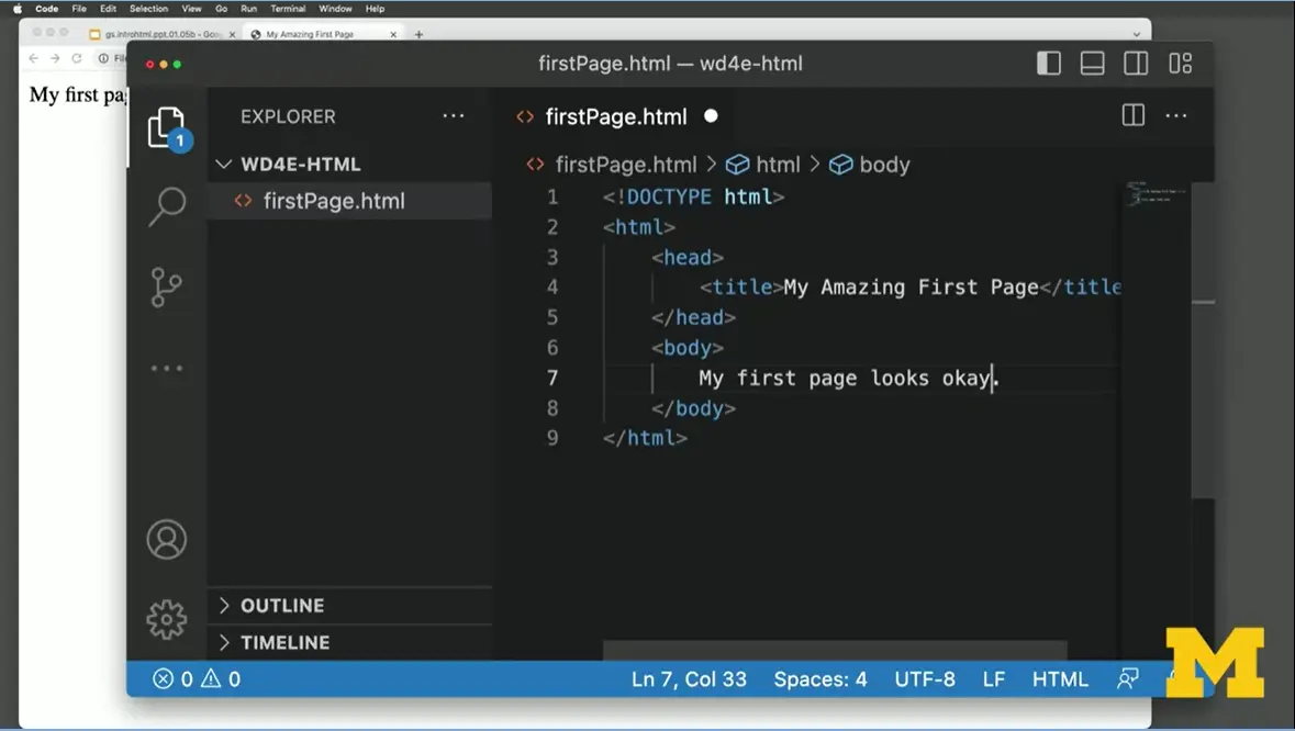 firstPage with HTML initial code.