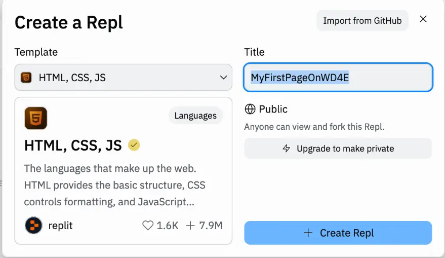 Information to fill in on the create a repl screen: template, title, and public.