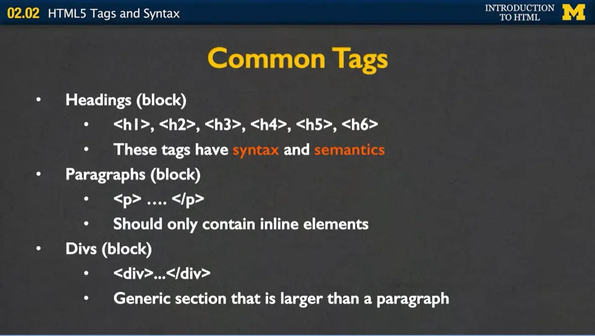 Common Tags: Heading, paragraph & divs (all block).