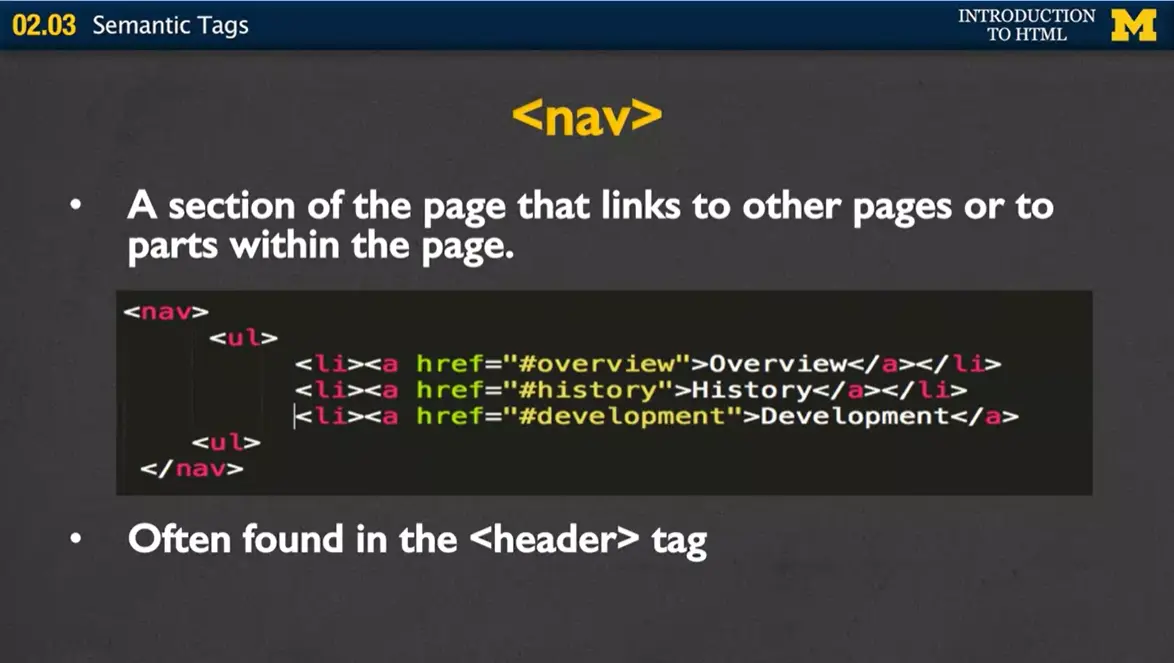 Example, the navigation tag (nav).