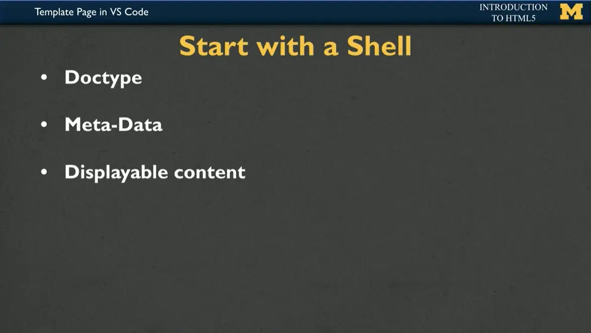 Start with a Shell; Doctype, meta-data & displayable content.