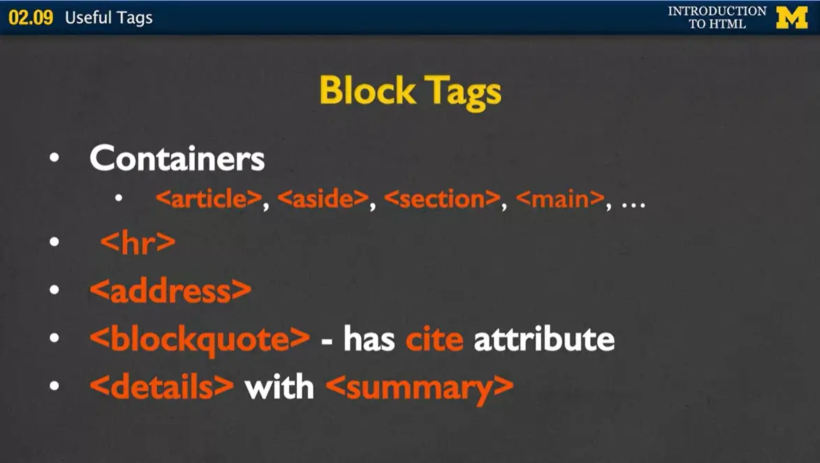 List of block tags.