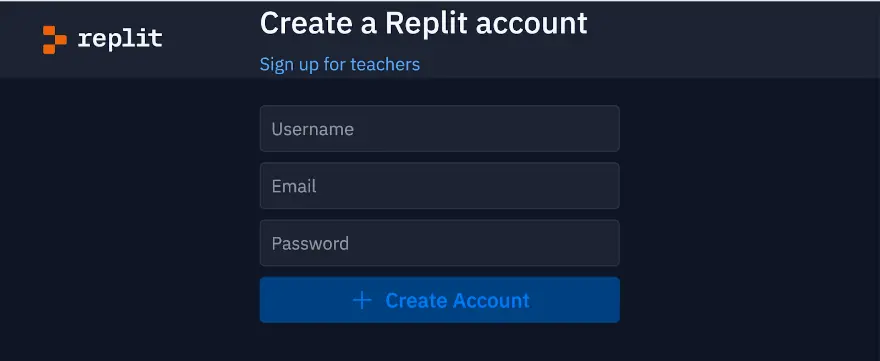 Create a Replit account screen.